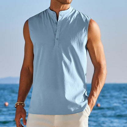 Men’s Sleeveless Vest – Cotton Blend – Mandarin Collar – Casual Fit – Half Button