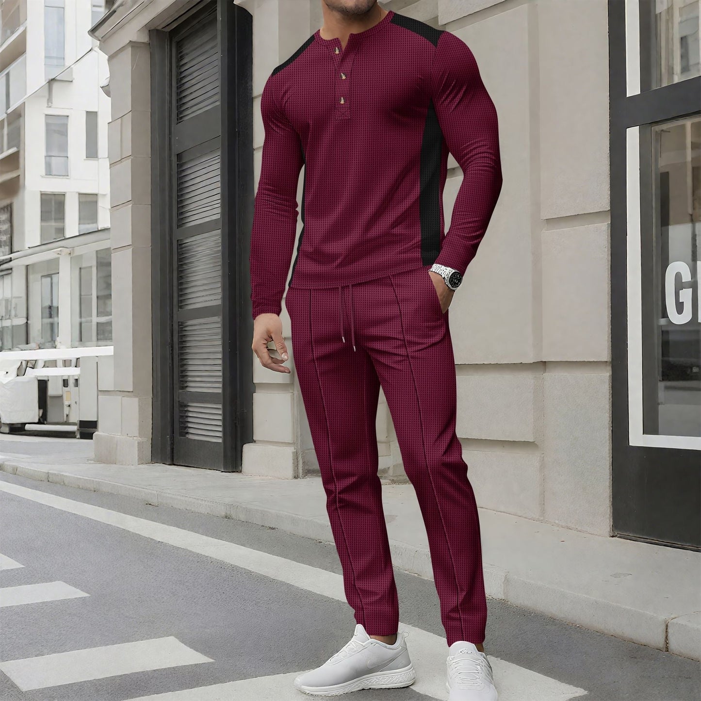 Men’s Tracksuit Set – Slim Fit – Long Sleeve Henley – Tapered Jogger Pants – Cotton Blend