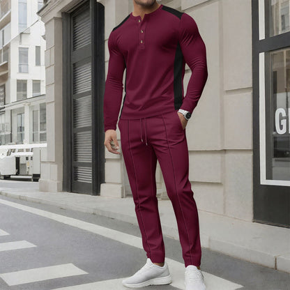 Men’s Tracksuit Set – Slim Fit – Long Sleeve Henley – Tapered Jogger Pants – Cotton Blend