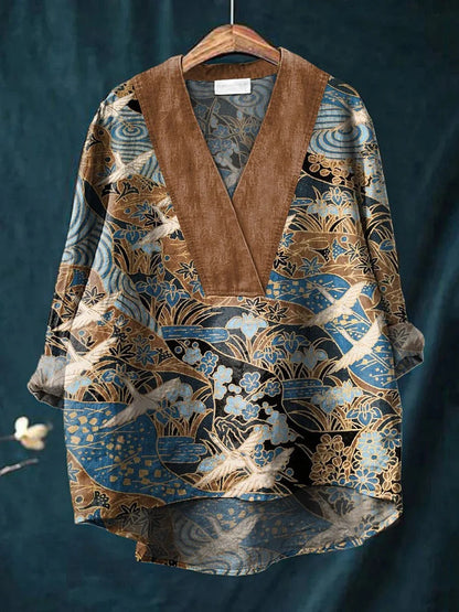 Women’s Long Sleeve Shirt – Relaxed Fit – V-Neck – Cotton Blend – Digital Print