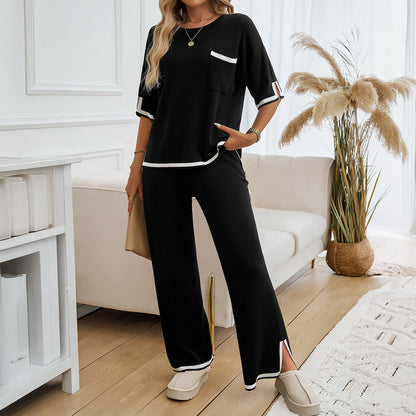 Women’s Knit Lounge Set – Relaxed Fit – Wide-Leg Pants – Contrast Trim – Soft Feel