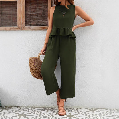 Women’s Suit Set – Sleeveless Top – Wide Leg Trousers – Ruffled Waist – Breathable Blend