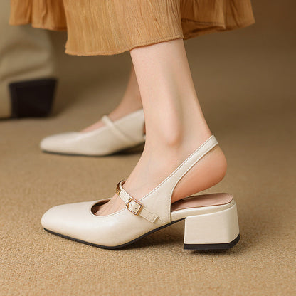 Women’s Slingback Heels – Square Toe – Studded Strap – Block Heel – Polished Finish