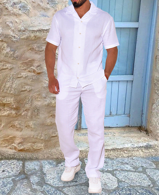 Men’s 2-Piece Set – Cotton Blend – Regular Fit – Short Sleeve Shirt & Trousers