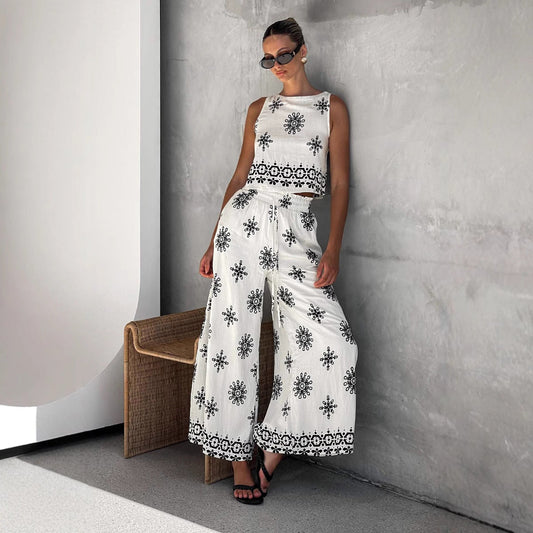 Women’s Two-Piece Set – Cropped Sleeveless Top – High Waist Wide-Leg Pants – Cotton Linen