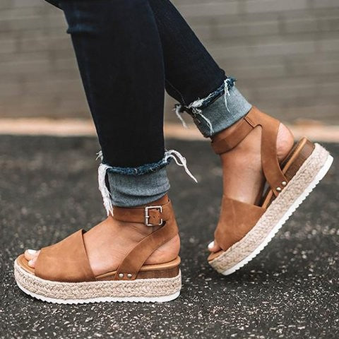 Women’s Wedge Sandals – Open Toe – Ankle Strap – Cushioned Footbed – Jute Platform