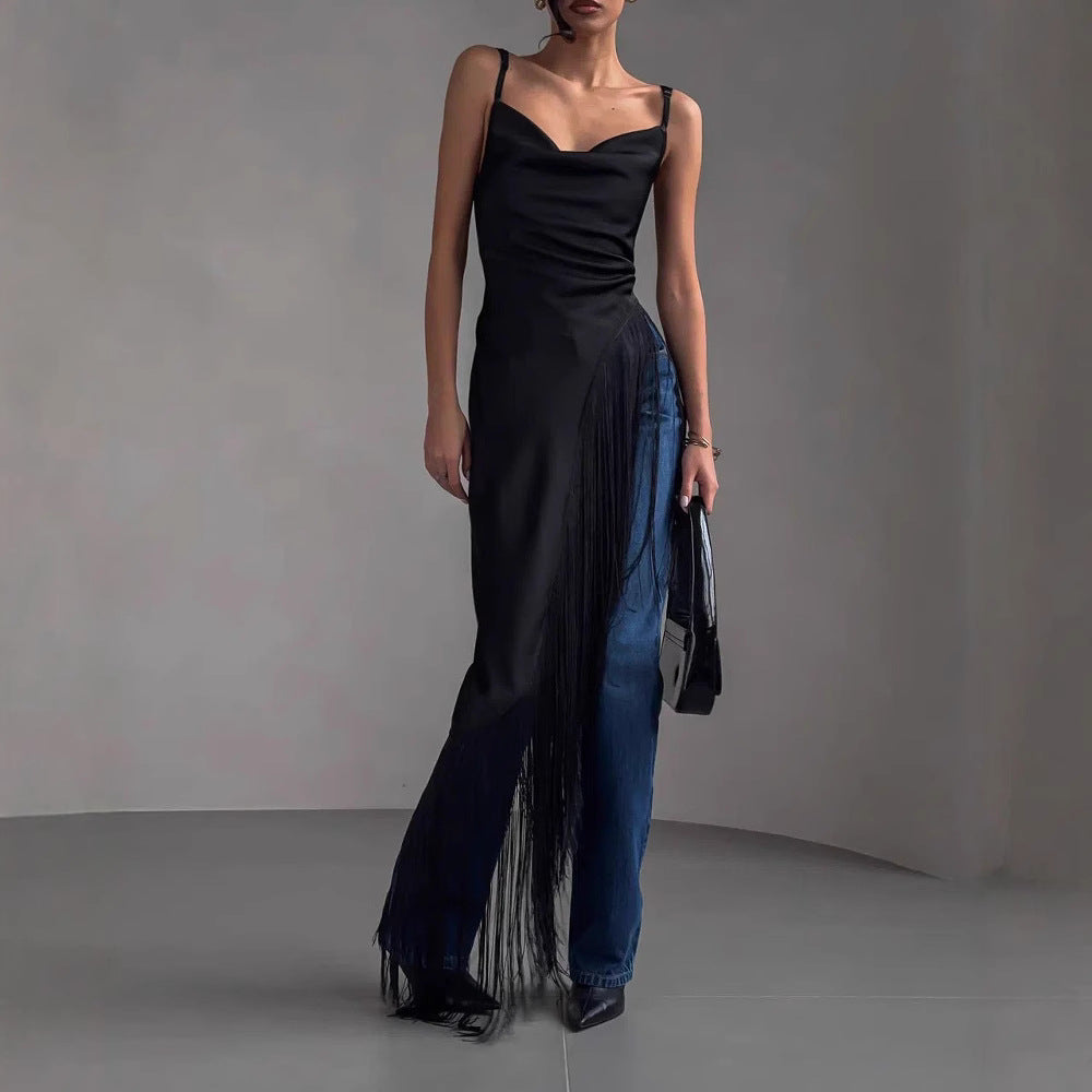 Women’s Sleeveless Top – Satin Finish – Deep V-Neck – Draped Fringe – Slim Fit