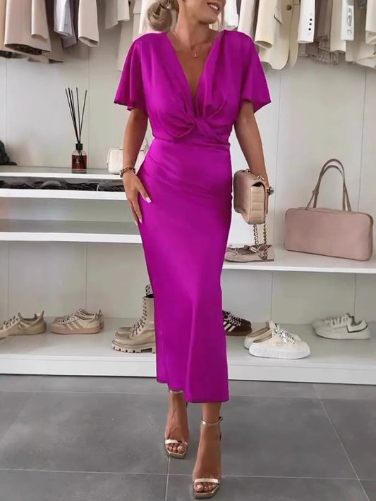 Women’s Maxi Dress - Satin - Draped Bodice With Form-Fitting Skirt - V-Neck - Dolman Sleeves