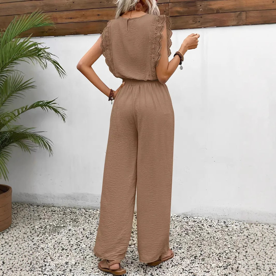 Women’s Loungewear Set – Cotton Blend – Sleeveless Lace Trim – Wide-Leg Drawstring Pants