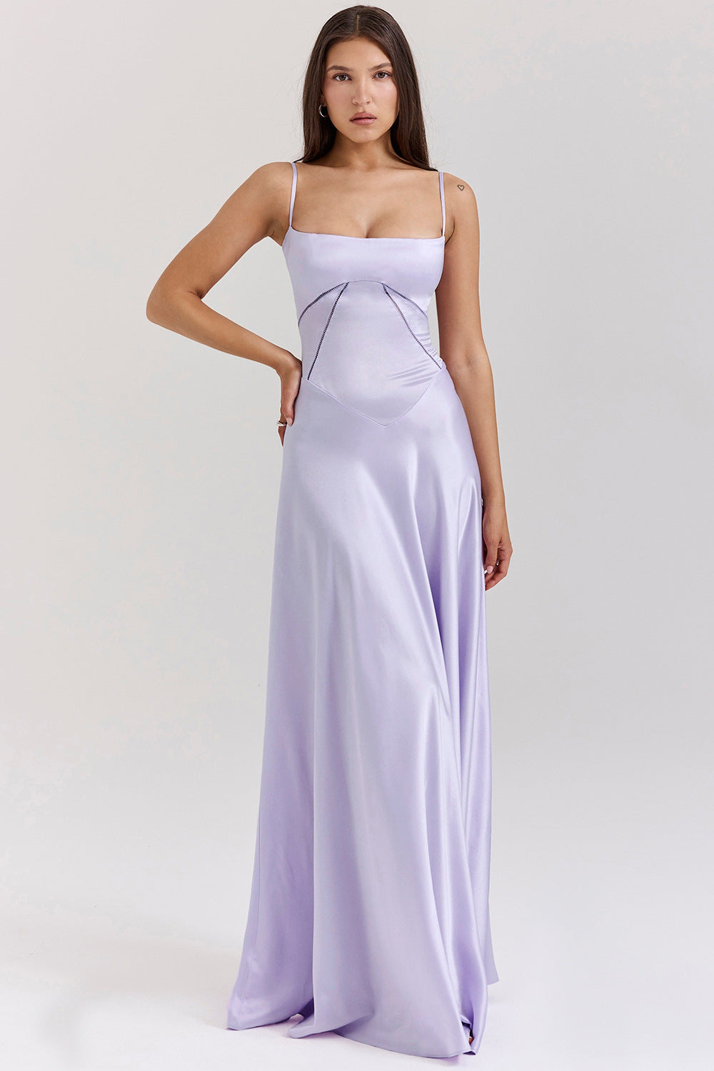 Women’s Evening Gown – Satin Full Length – A-Line Fit – Spaghetti Straps – Cut-Out Waist