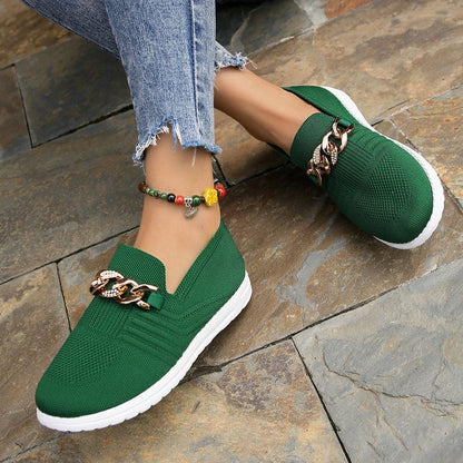 Women’s Loafers – Soft Knit Slip-On – Chain Detail – Round Toe – Casual Fit