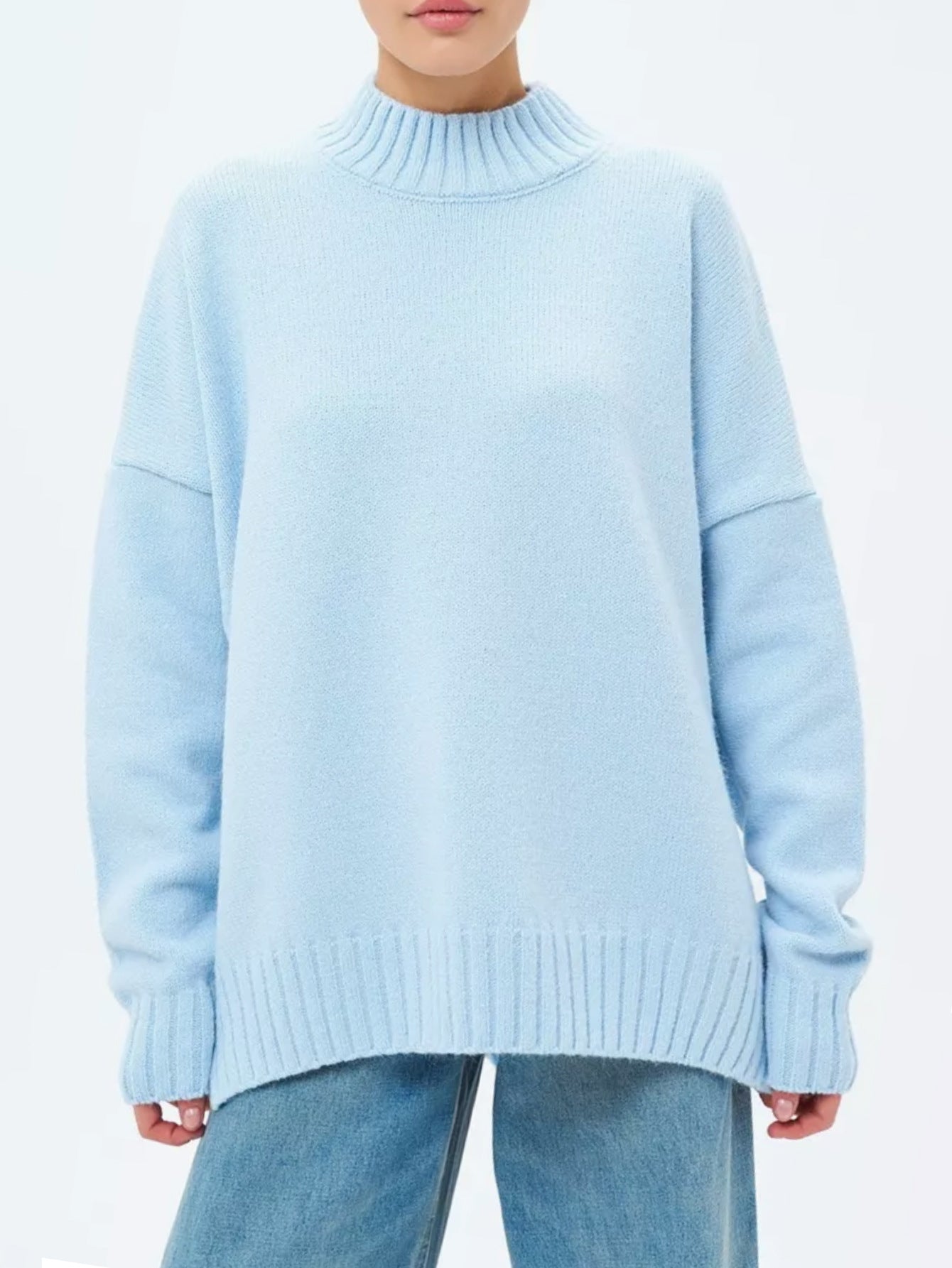 Women’s Pullover Sweater – Soft Ribbed Knit – Oversized Fit – Semi-High Neck – Casual