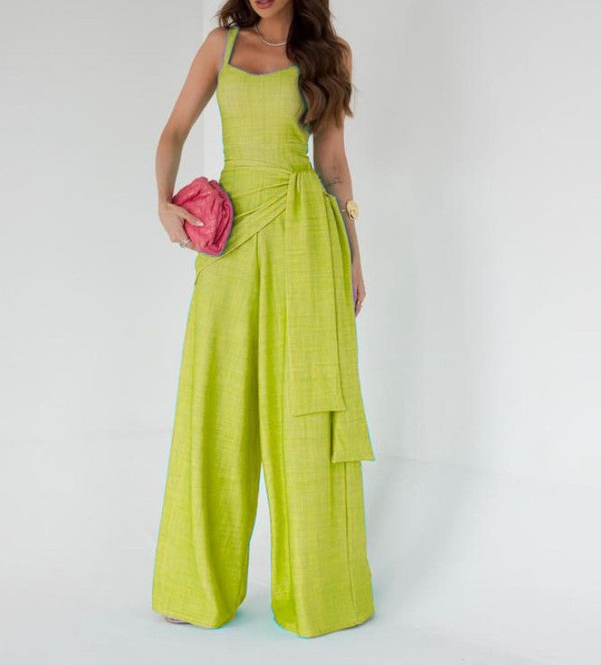 Women’s Jumpsuit – Linen Blend – Sleeveless – Wide Leg – Adjustable Waist – Full Length