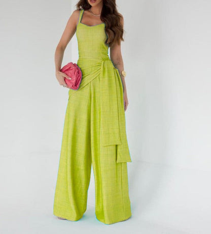 Women’s Jumpsuit – Linen Blend – Sleeveless – Wide Leg – Adjustable Waist – Full Length