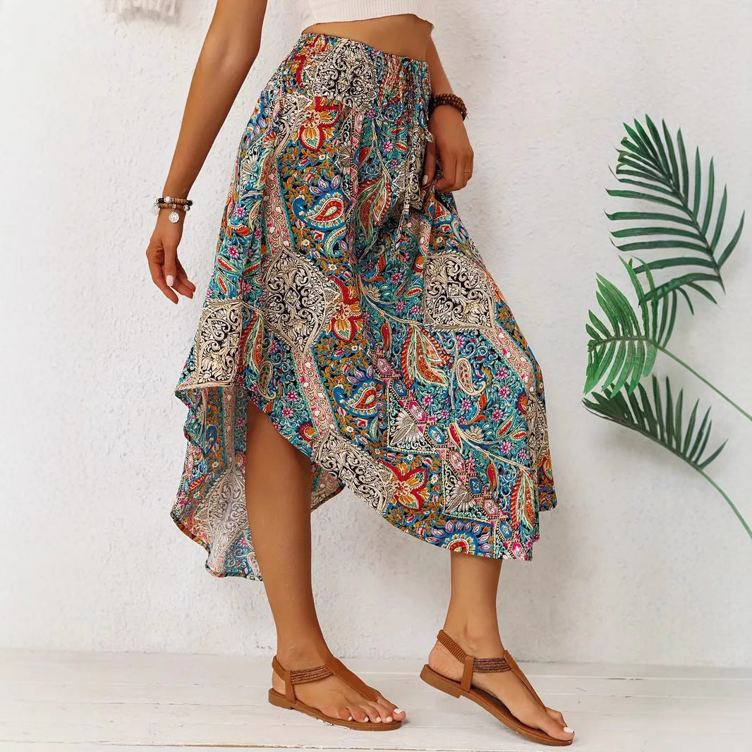Women’s Midi Skirt – Flowing A-Line – Exotic Print – Drawstring Waist – Natural Fibers