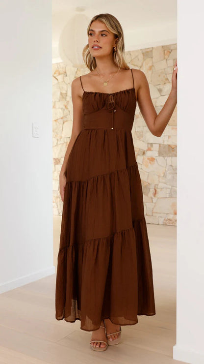 Women’s Maxi Dress – Lightweight Cotton Blend – Tiered Skirt – Spaghetti Straps – Low Back