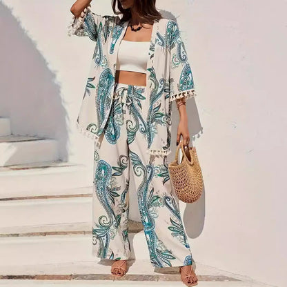 Women’s Kimono Cardigan – Relaxed Fit – Paisley Print – Tassel Hem – Breathable Blend