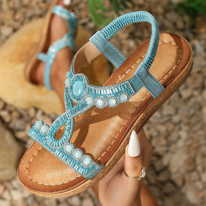 Women’s Thong Sandals – Flat Sole – Cushioned Footbed – Boho Crystal Embellished