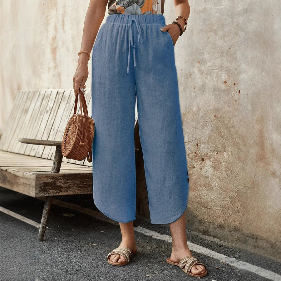 Women’s Cropped Pants – Cotton Linen Blend – High Waist – Wide Leg – Drawstring Waist