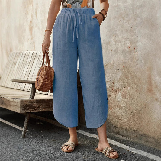 Women’s Cropped Pants – Cotton Linen Blend – High Waist – Wide Leg – Drawstring Waist