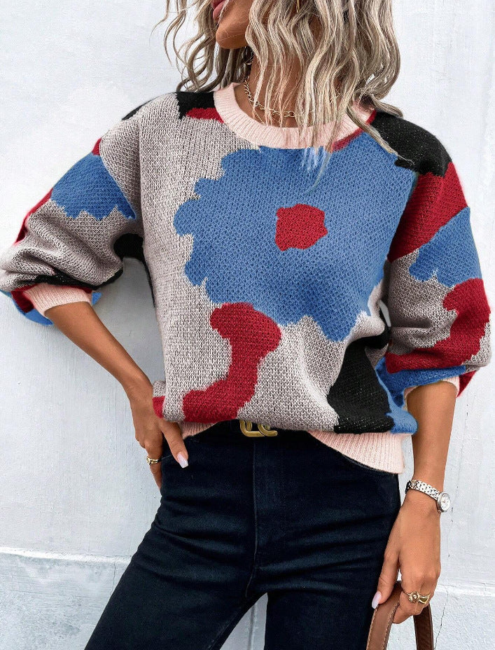 Women’s Pullover Sweater – Relaxed Fit – Soft Knit – Round Neck – Balloon Sleeve – Abstract Pattern