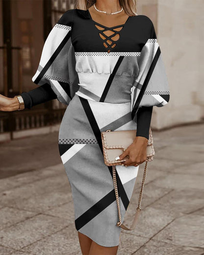 Women’s Bodycon Dress – V-Neck Crisscross – Plaid Midi – Long Sleeve