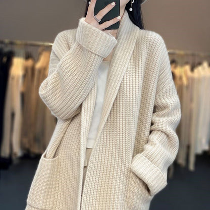 Women’s Knit Cardigan – Oversized Fit – Chunky Wool Blend – Longline Open Front – Pockets