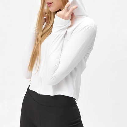 Women’s Hooded Top – Slim Fit – Cropped Length – Lightweight Stretch – Long Sleeve