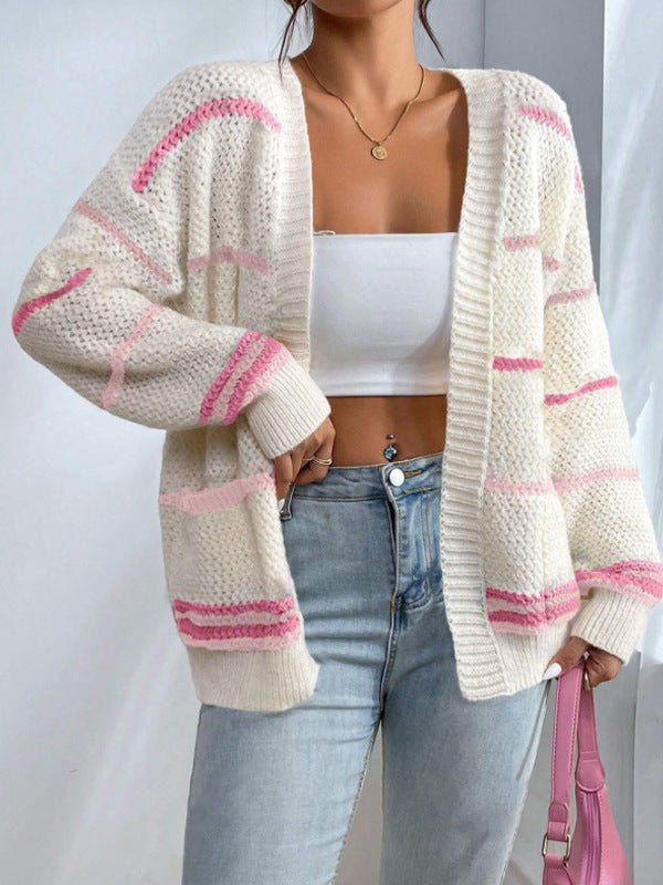Women’s Knit Cardigan – Oversized Fit – Open Front – Striped Pattern – Ribbed Trim
