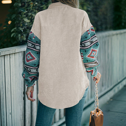 Women’s Corduroy Shirt – Relaxed Fit – Printed Sleeves – Button-Down Casual Style