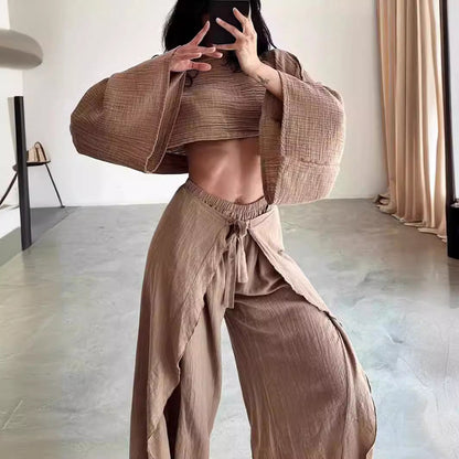 Women’s Two-Piece Set – Linen Blend – Cropped Wide Sleeve Top – Ruffled Wide-Leg Pants