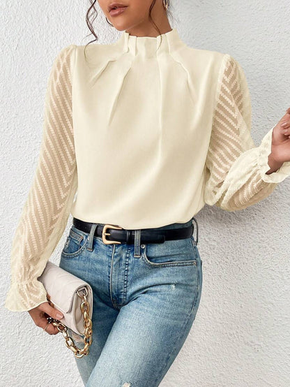 Women’s Blouse – Relaxed Fit – High Neck – Sheer Sleeves – Soft Silk Feel