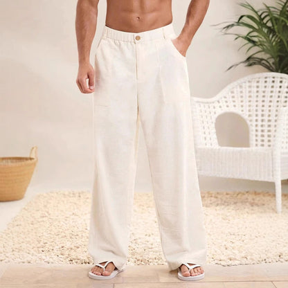 Men’s Casual Trousers – Cotton Linen Blend – Relaxed Fit – Elastic Waist – Full Length
