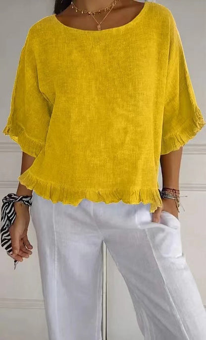 Women’s Blouse – Relaxed Fit Cotton Linen – Ruffle Hem – Short Sleeve – Round Neck