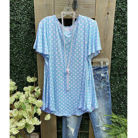 Women’s Tunic Top – Loose Fit – Polka Dot – Short Sleeve – Breathable Blend