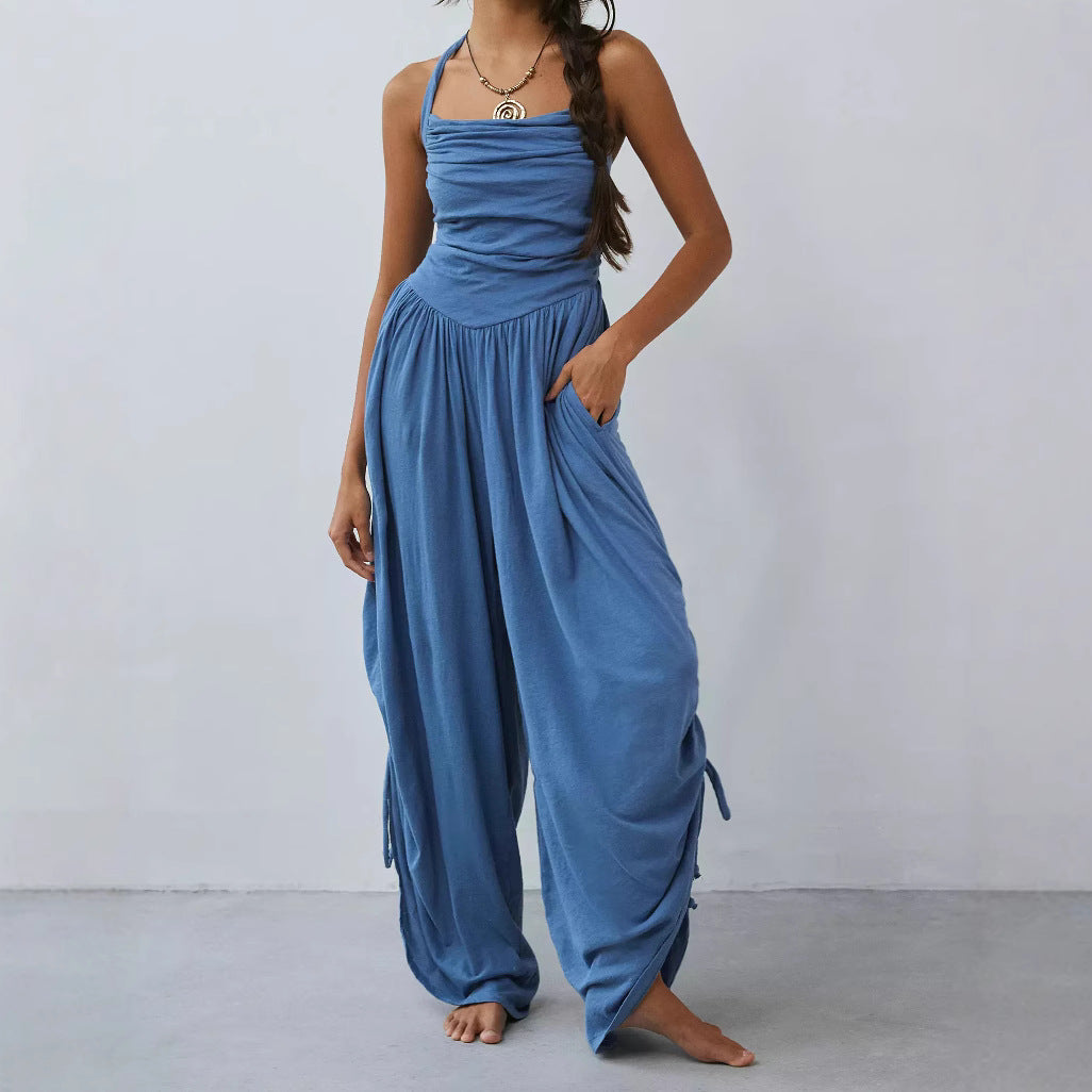 Women’s Halter Jumpsuit – Ruched Bodice – Draped Wide Leg – Adjustable Side Ties