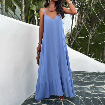 Women’s Maxi Dress – A-Line Fit – V-Neck – Spaghetti Straps – Lace Detail – Cotton Blend