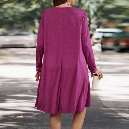 Women’s Long Sleeve Dress – Relaxed Fit – Knit Fabric – Midi Length with Pockets