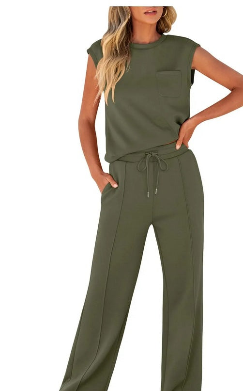 Women’s Two-Piece Set – Sleeveless Top and Pants – Relaxed Fit – Soft Cotton Blend