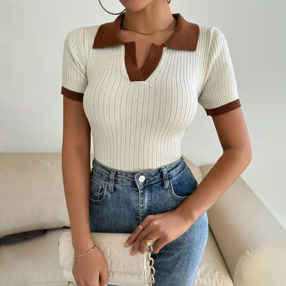 Women’s Knit Polo Shirt – Slim Fit – Ribbed Soft Knit – V-Neck