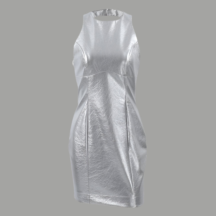 Women’s Bodycon Dress – PU Leather – Sleeveless Mini – Round Neck – Evening Wear