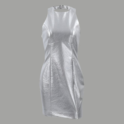 Women’s Bodycon Dress – PU Leather – Sleeveless Mini – Round Neck – Evening Wear
