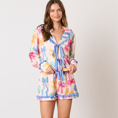 Women’s Pajama Set – Satin Feel – Relaxed Fit – Bow Neck Top – Ruffle Trim Shorts