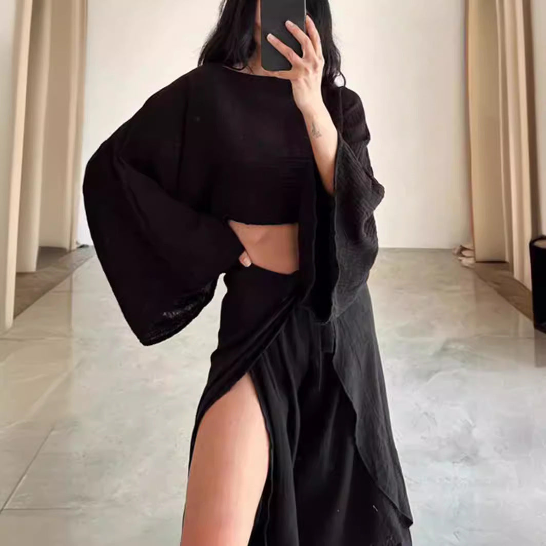 Women’s Two-Piece Set – Linen Blend – Cropped Wide Sleeve Top – Ruffled Wide-Leg Pants