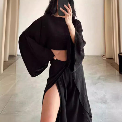 Women’s Two-Piece Set – Linen Blend – Cropped Wide Sleeve Top – Ruffled Wide-Leg Pants