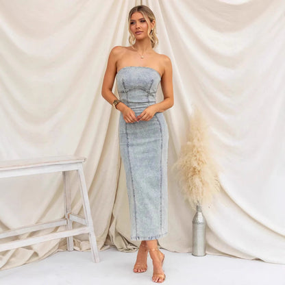 Women’s Strapless Midi Dress – Slim Fit Denim – Tailored Seams – Formal Style
