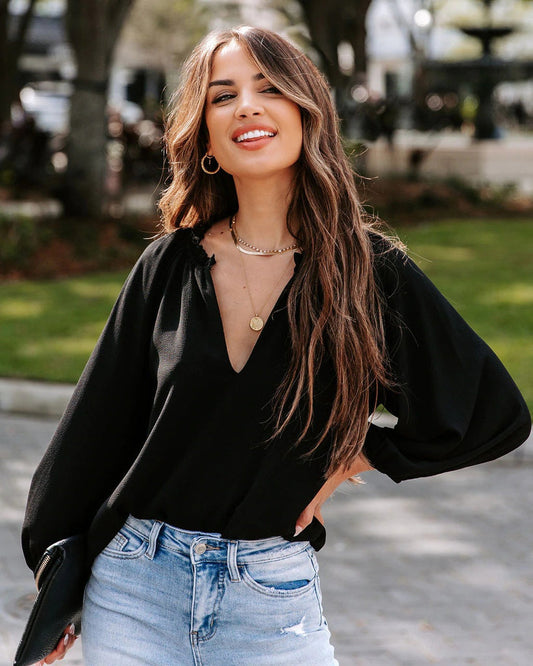 Women’s Blouse – Relaxed Fit – V-Neck – Wide Sleeves – Cotton Blend