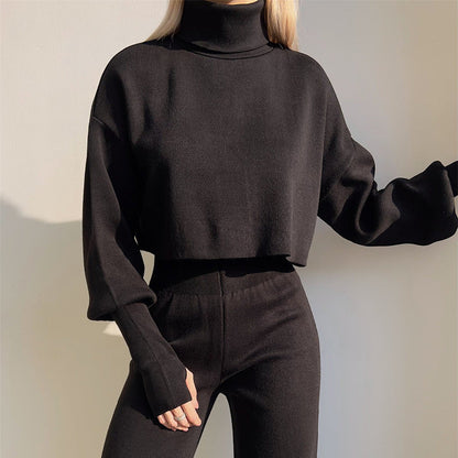 Women’s Lounge Set – Soft Knit Relaxed Fit – High Neck Crop Top – Wide Leg Pants