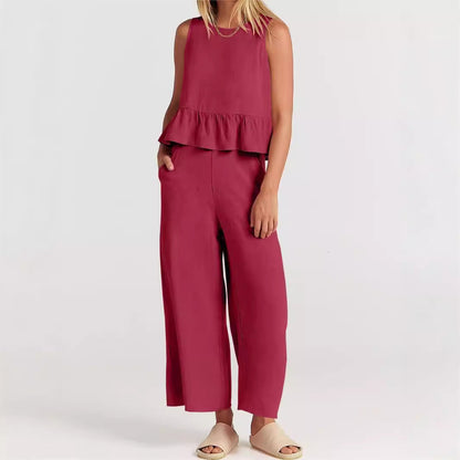Women’s Two-Piece Set – Relaxed Fit – Sleeveless – Round Neck – Lightweight Cotton Blend