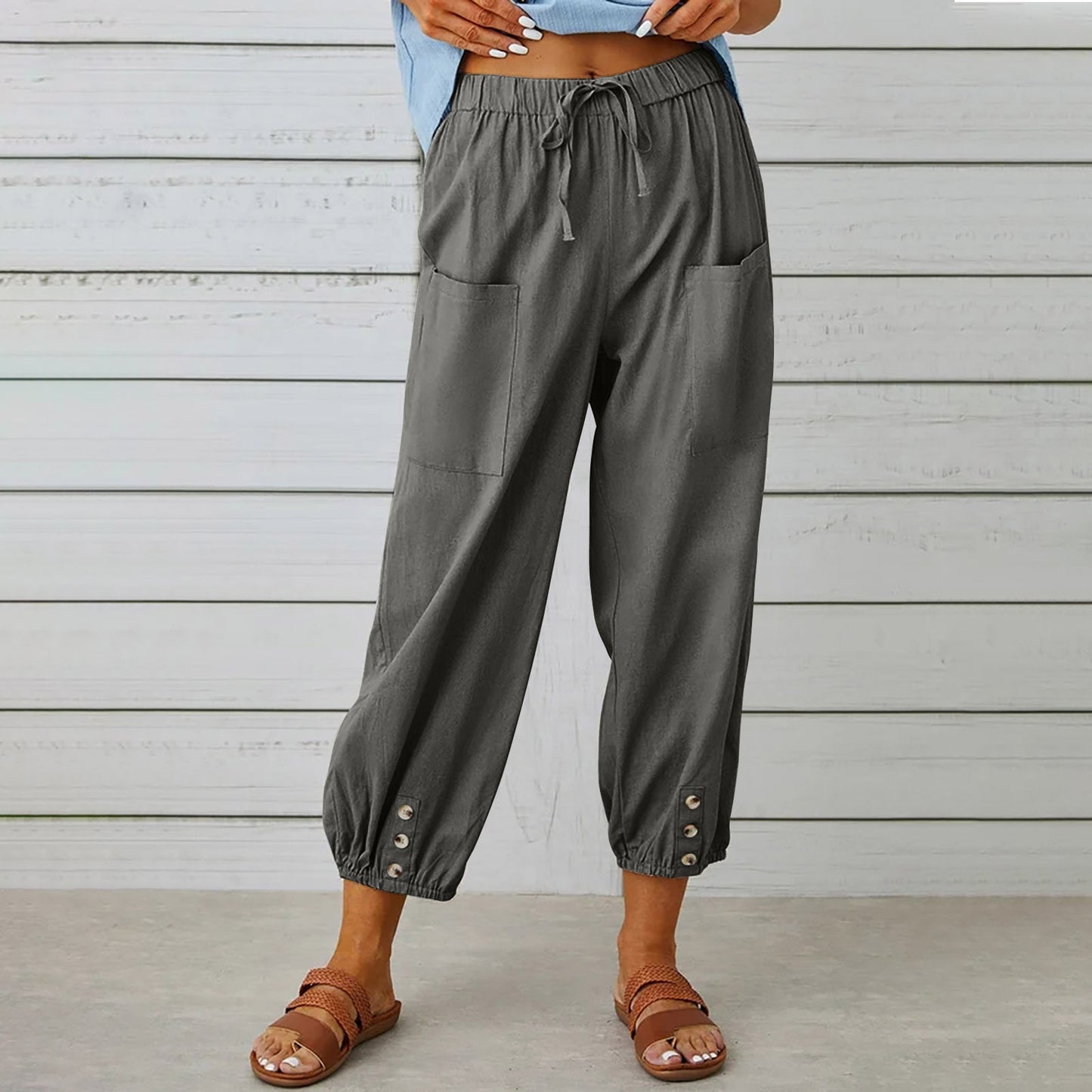 Women’s Cropped Pants – Cotton Linen Blend – High Waist – Loose Fit – Drawstring Waist – Elastic Cuff
